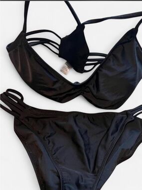 Swim Suit Black Strappy Women's Bikini Set